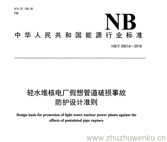 NB/T 20516-2018 pdf下载 轻水堆核电厂假想管道破损事故 防护设计准则