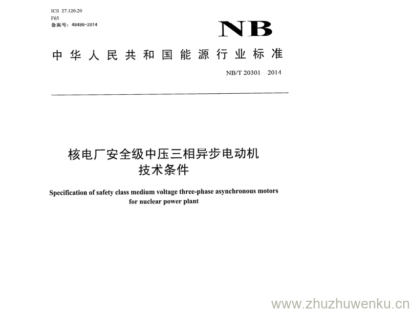 NB/T 20301-2014 pdf下载 核电厂安全级中压三相异步电动机 技术条件