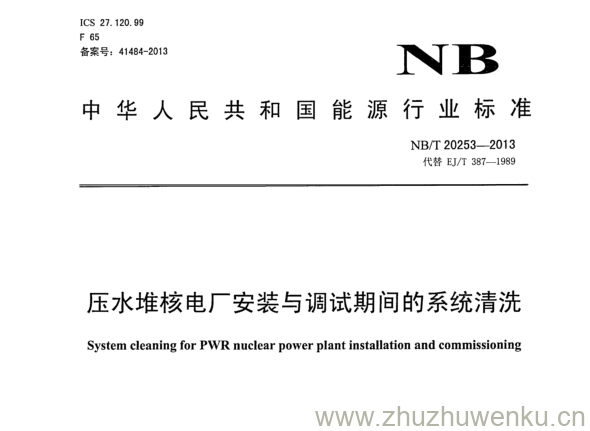 NB/T 20253-2013 pdf下载 压水堆核电厂安装与调试期间的系统清洗