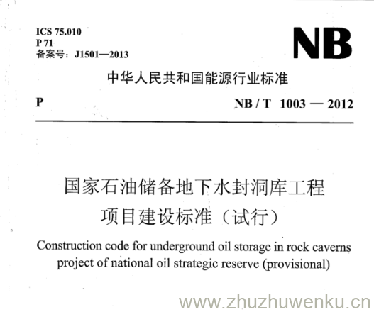 NB/T 1003-2012 pdf下载 国家石油储备地下水封洞库工程项目建设标准(试行)