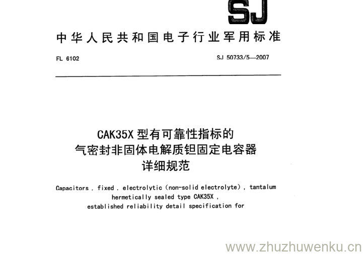 SJ 50733/5-2007 pdf下载 CAK35X型有可靠性指标的 气密封非固体电解质钽固定电容器 详细规范