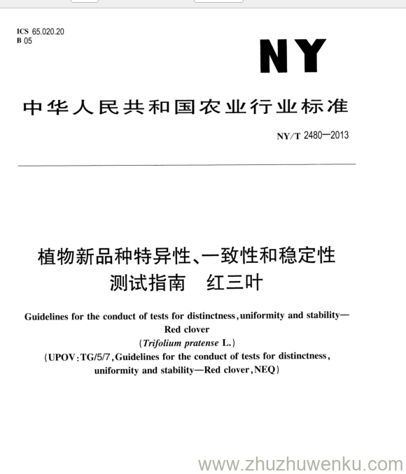 NY/T 2480-2013 pdf下载 植物新品种特异性、一致性和稳定性 测试指南 红三叶