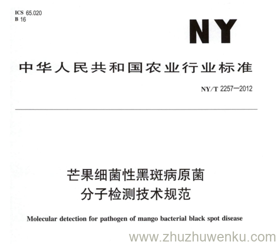 NY/T 2257-2012 pdf下载 芒果细菌性黑斑病原菌 分子检测技术规范