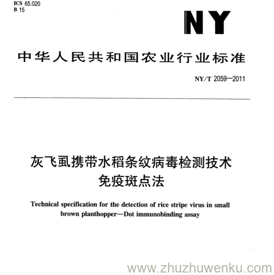 NY/T 2059-2011 pdf下载 灰飞虱携带水稻条纹病毒检测技术 免疫斑点法