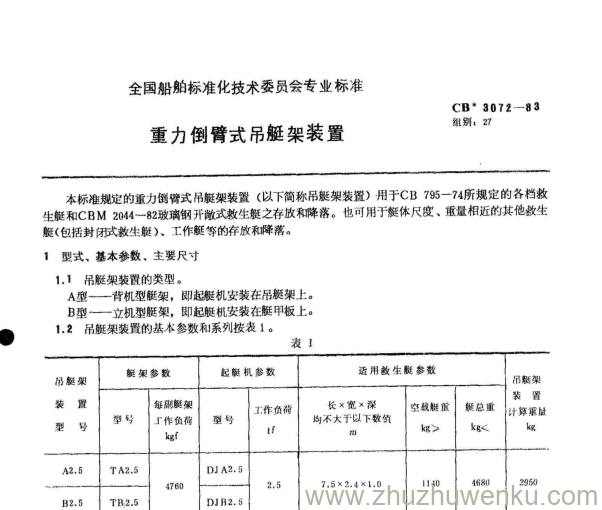 CB 3072-1983 pdf下载 重力倒臂式吊艇架装置